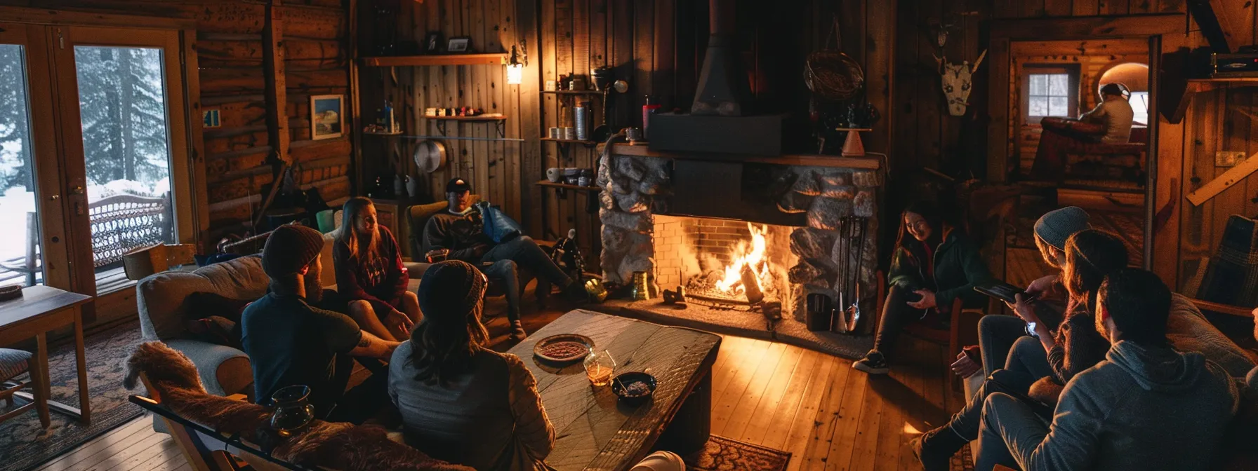 a group of friends gathered around a cozy fireplace inside a rustic ontario cottage rental.