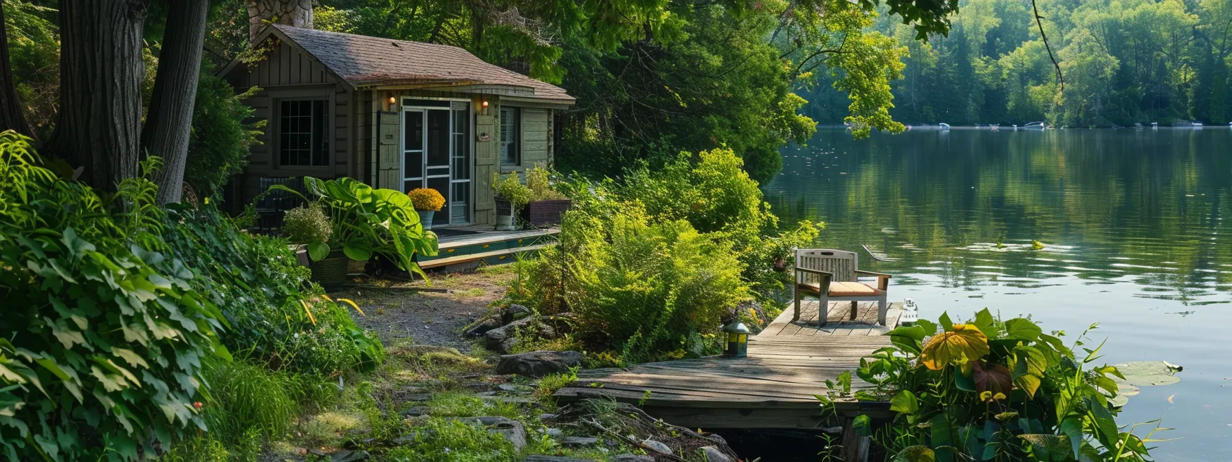 a cozy cottage overlooking a serene lake in ontario, surrounded by lush greenery and a dock for enjoying the peaceful waters.