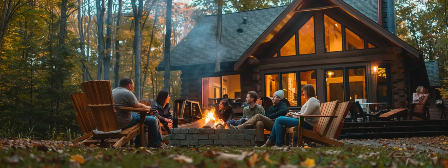 a family sitting around a cozy firepit outside their cottage, enjoying the changing seasons and reconnecting with nature.