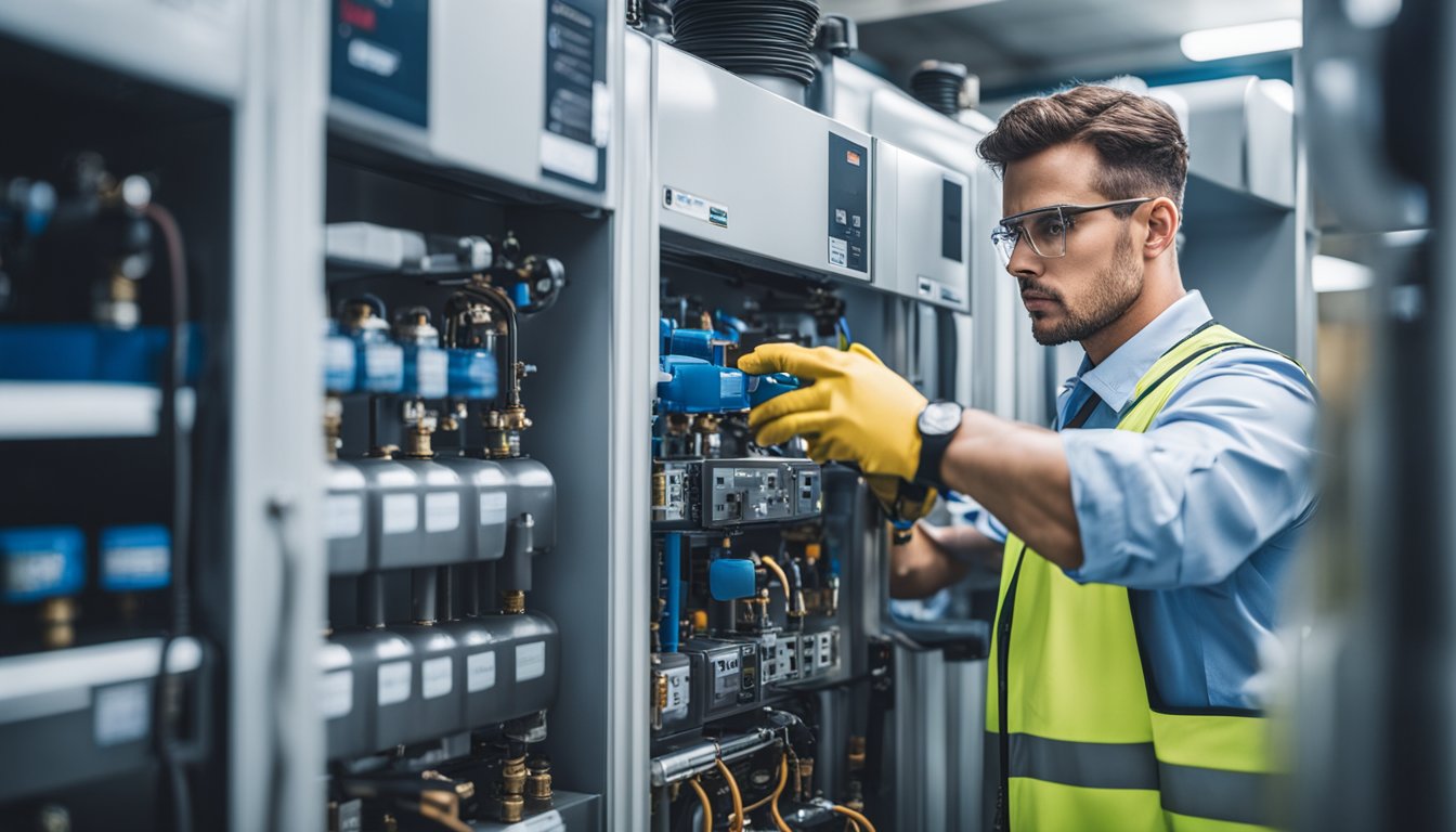 A technician adjusting a refrigeration unit while surrounded by CO2 tanks and training materials