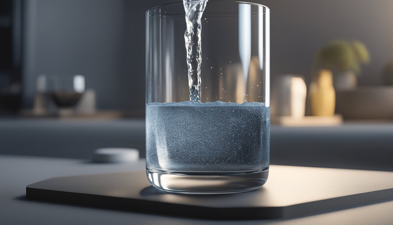 A glass of water being poured through a bed of granular activated carbon, with the carbon particles capturing impurities and leaving the water clear