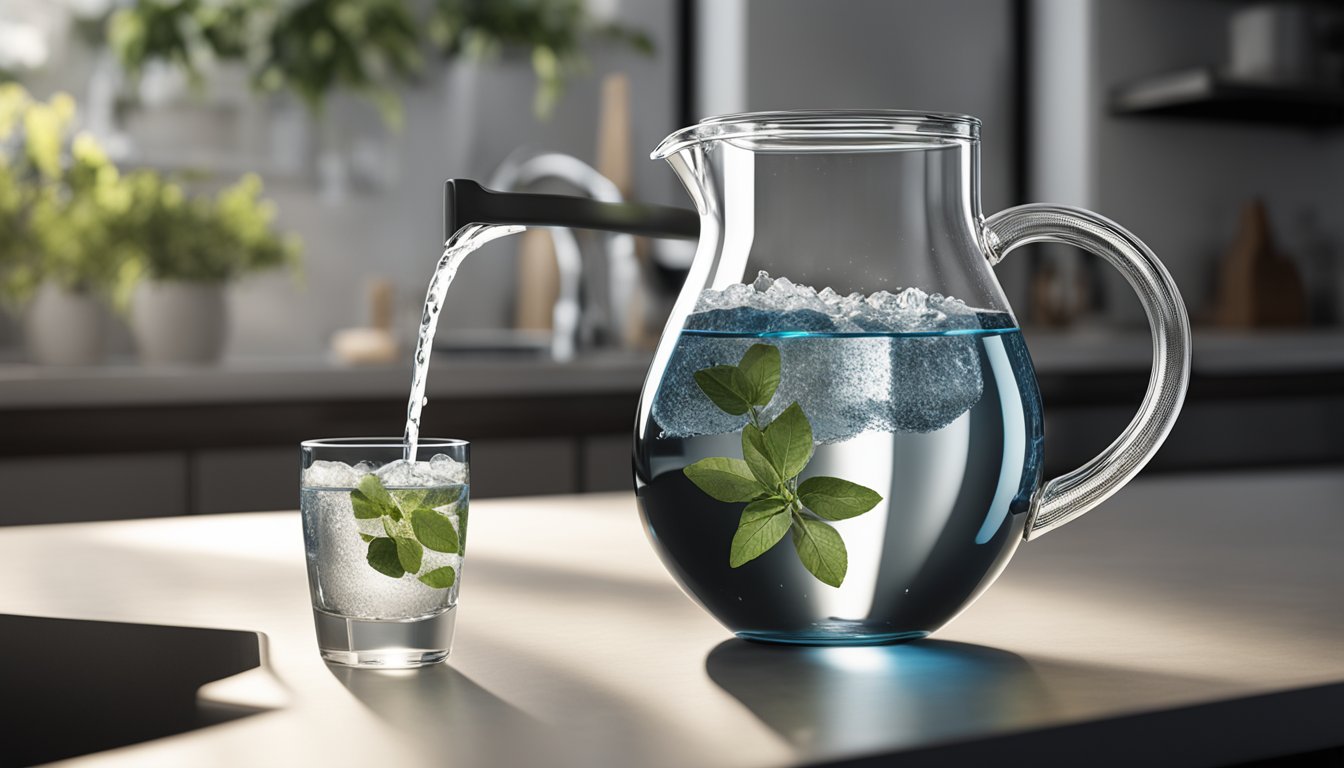 A clear glass water pitcher filled with granular activated carbon filtering water from a faucet