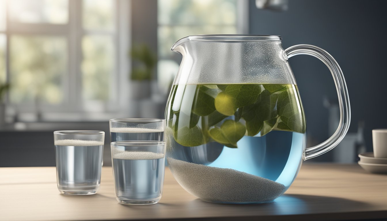 A clear glass pitcher filled with water, with granular activated carbon filters visible inside, surrounded by other water filtration methods such as reverse osmosis and UV sterilization