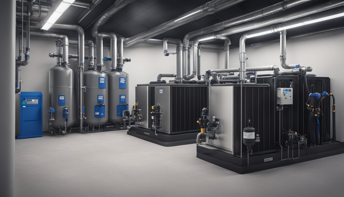 A technician installs granular activated carbon water filtration system in a utility room with pipes and valves