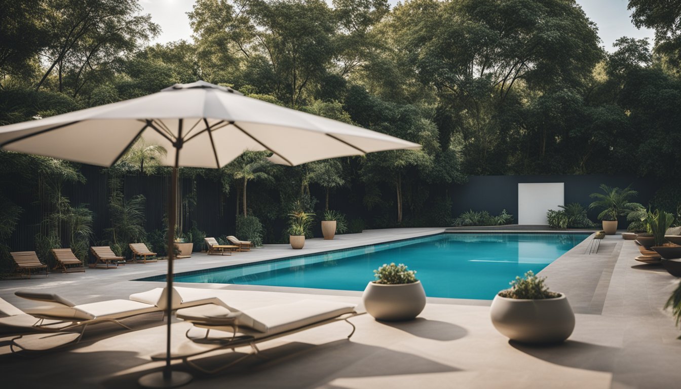The pool is drained, cover is secured, and furniture is stored