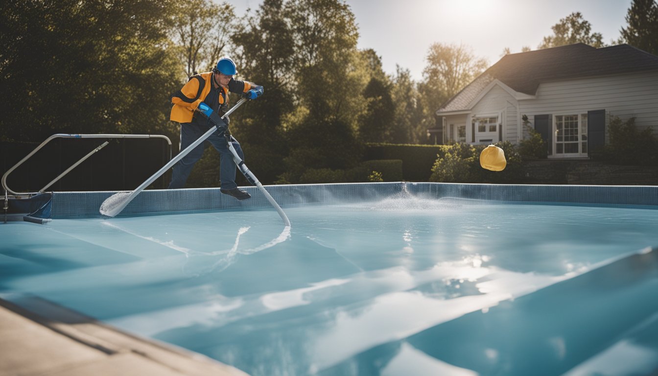 A pool cover being placed over a clean and drained pool, with winterizing chemicals and equipment nearby