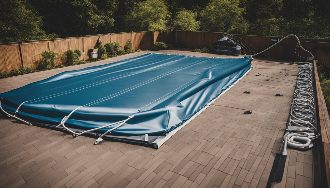 A pool cover being secured over a closed pool, with winterizing equipment and accessories neatly arranged nearby