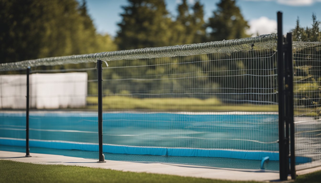 A pool cover is being secured over the water's surface, with a fence surrounding the area to protect it from winter elements