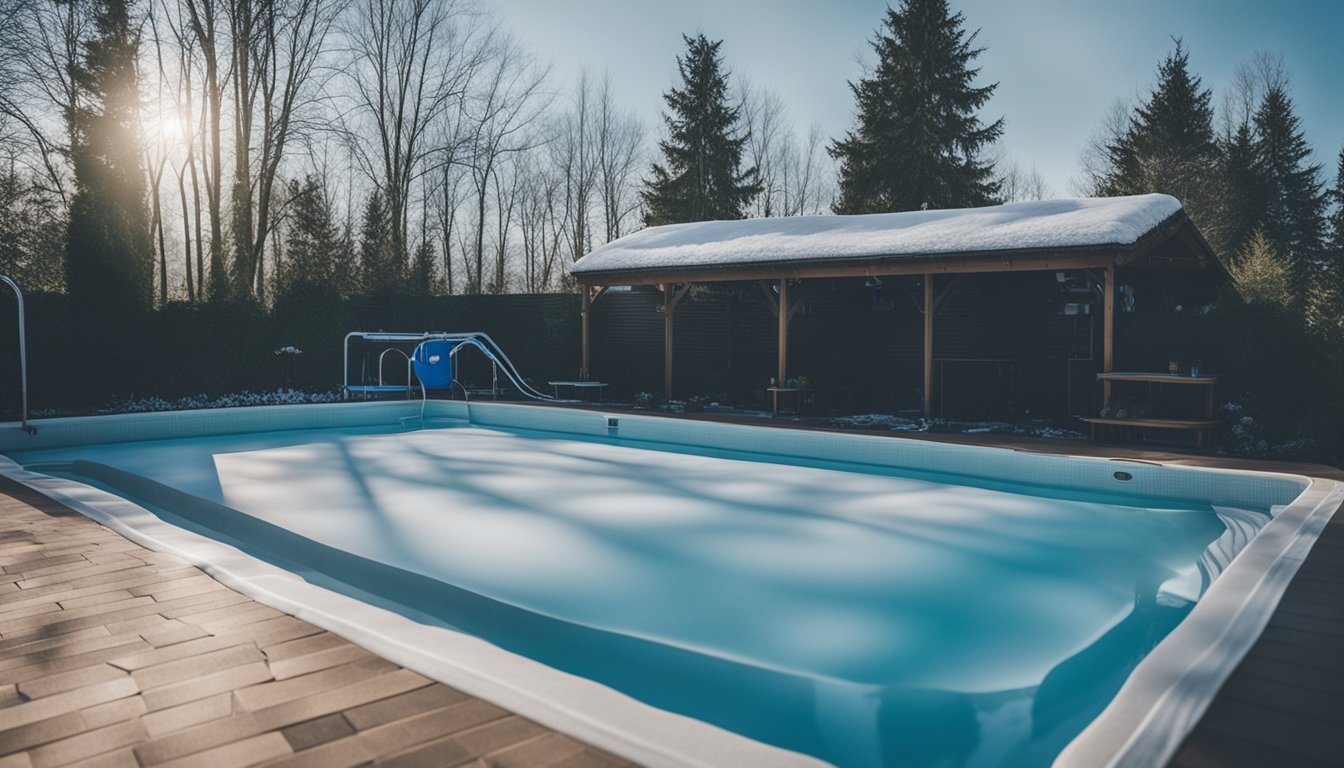 A pool covered with a winter pool cover, surrounded by winterized pool equipment and supplies