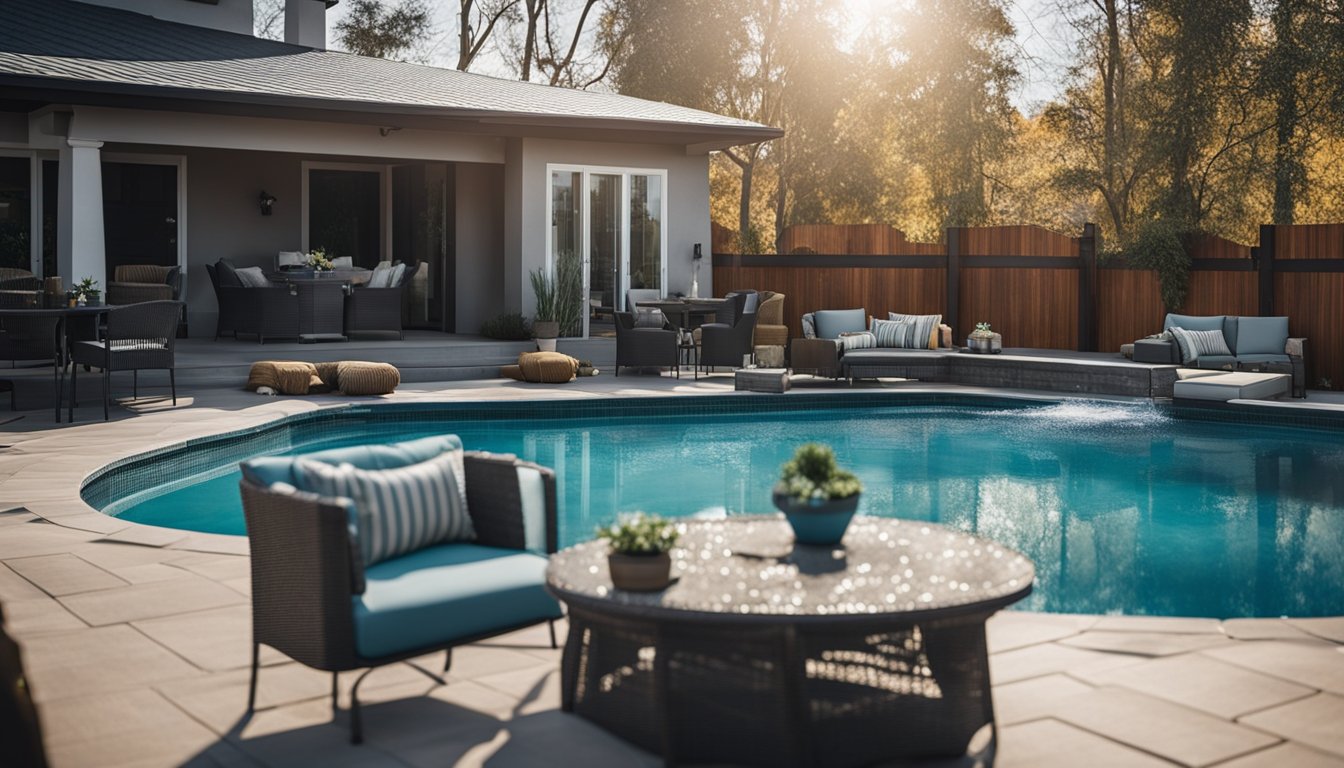 A pool being covered with a durable winter pool cover, surrounded by patio furniture and a fence