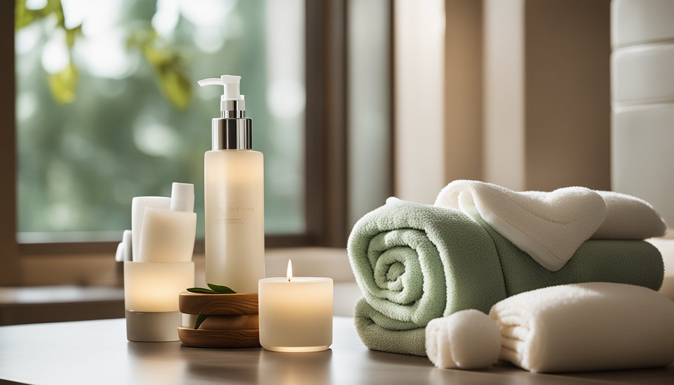 A serene spa room with soft lighting, plush towels, and an array of skincare products neatly displayed on a sleek, modern counter