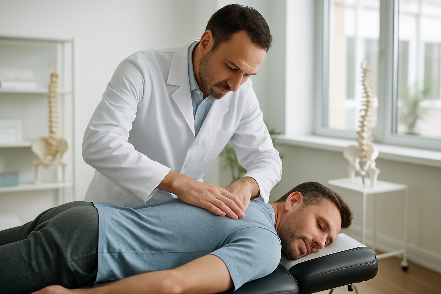 Practitioner performing chiropractic adjustment on patient's back