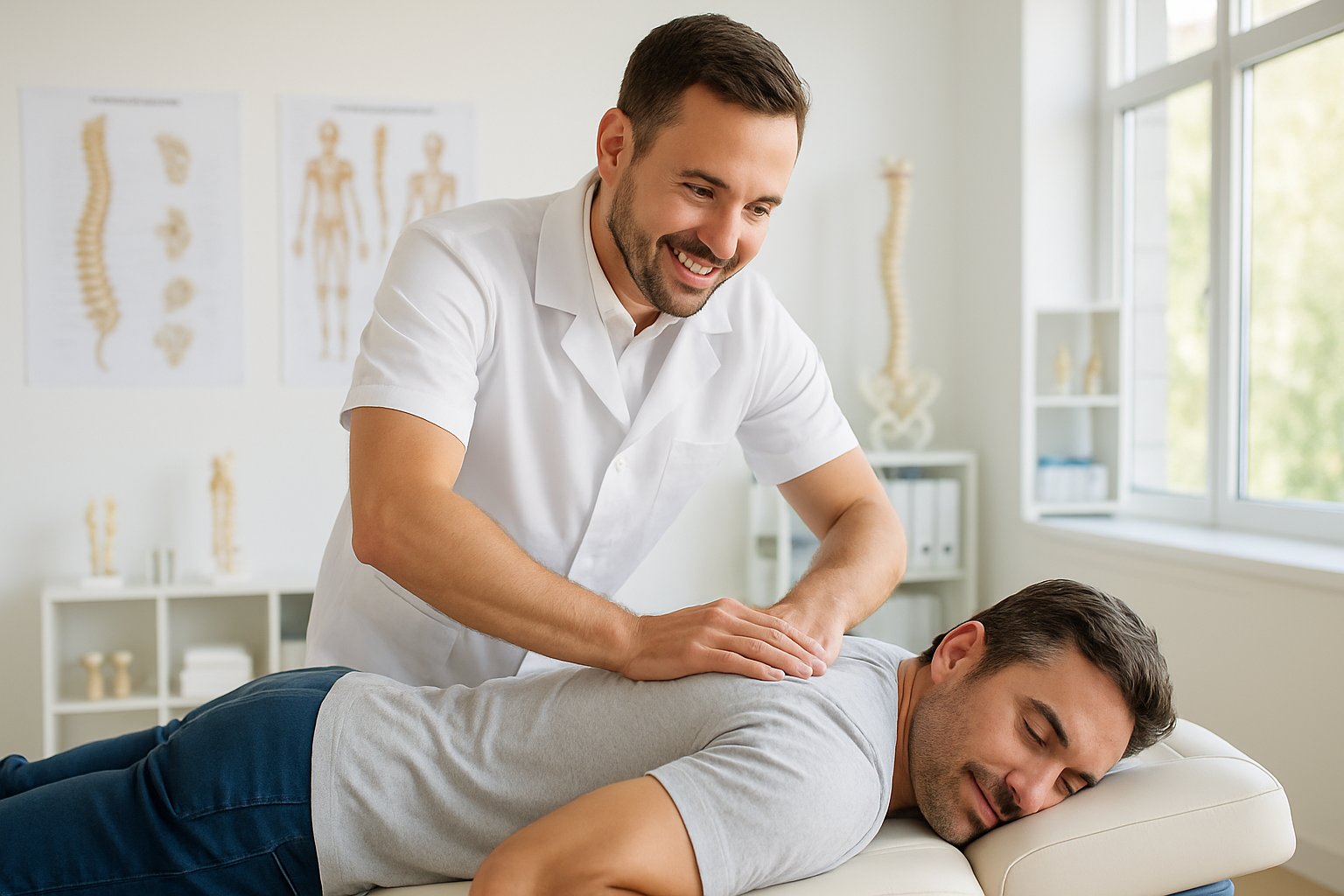 A chiropractor adjusting the spine of a patient lying on a chiropractic table in a bright clinic room.