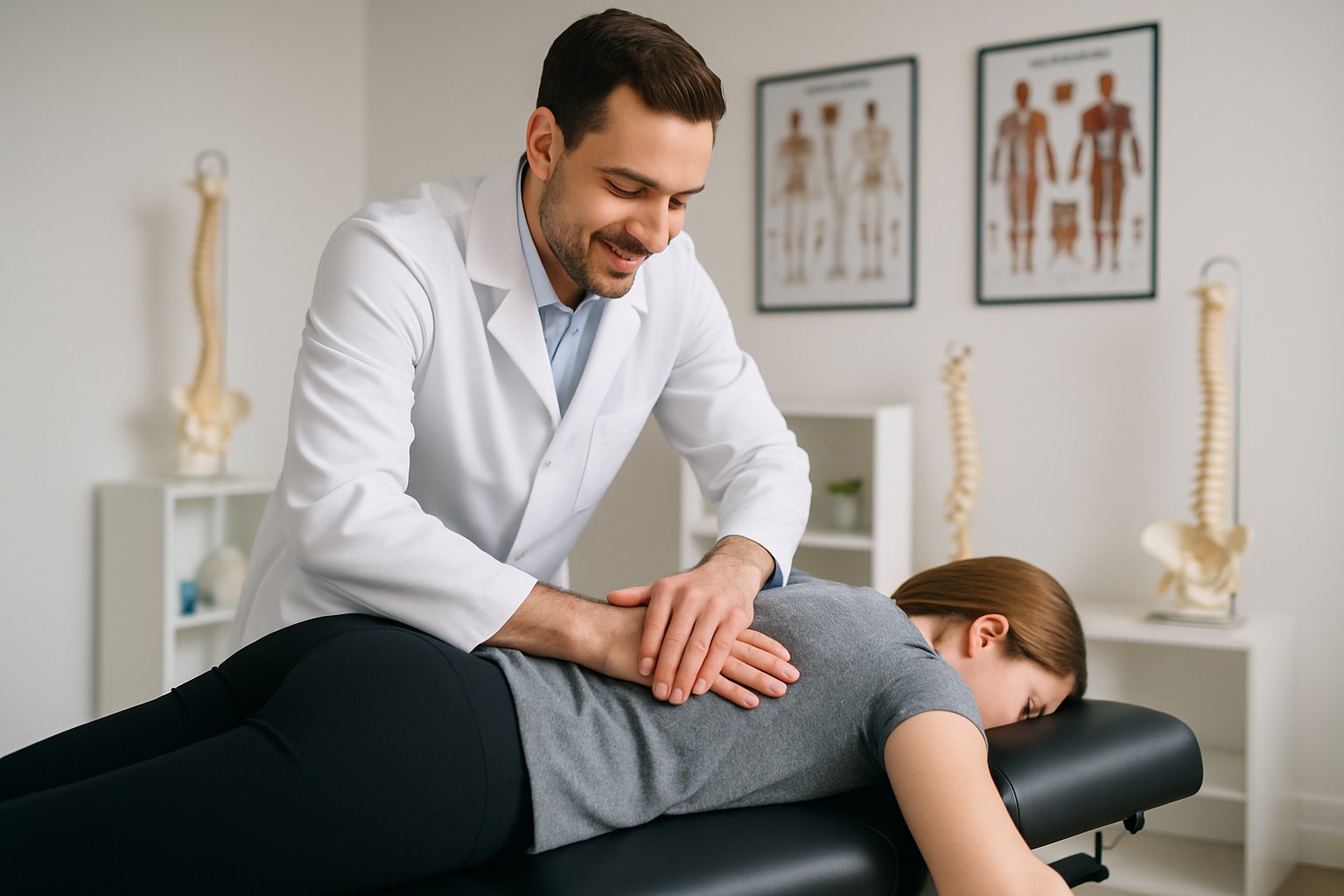 A chiropractor performing a spinal adjustment on a patient lying on a treatment table in a modern clinic.