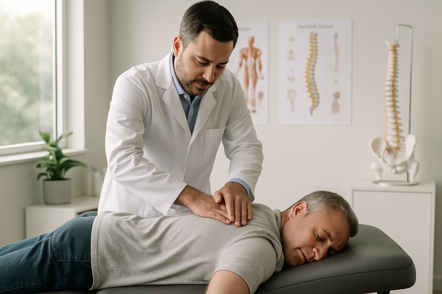 A chiropractor adjusting the spine of a patient lying on a treatment table in a modern clinic room.