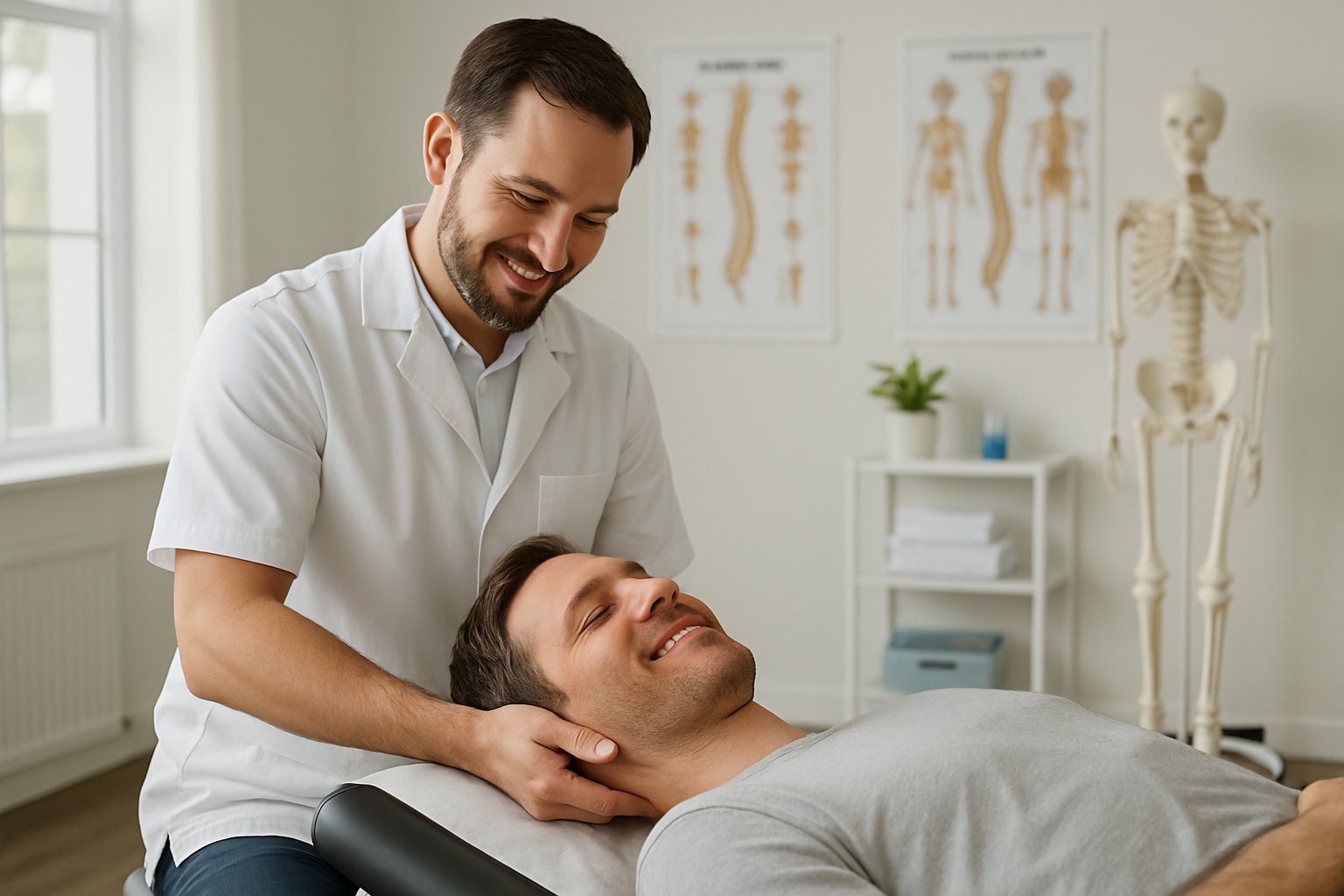 A chiropractor gently adjusting a patient's neck on a treatment table in a bright, modern clinic.
