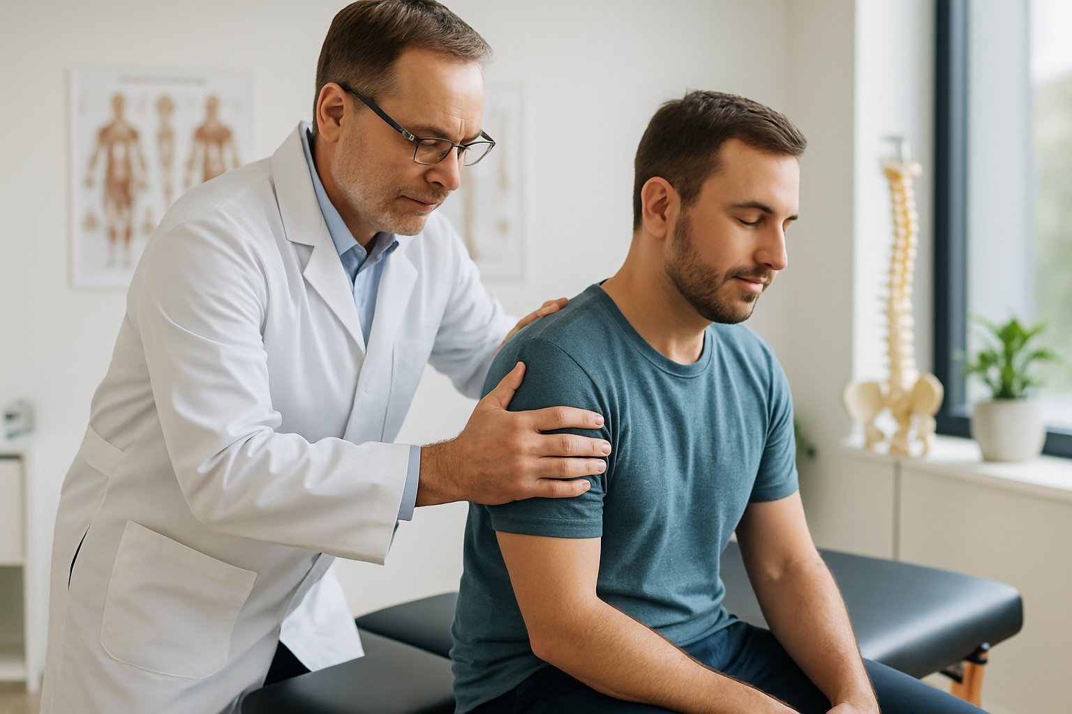 A chiropractor examining a patient's back in a clean clinic during a chiropractic treatment session.