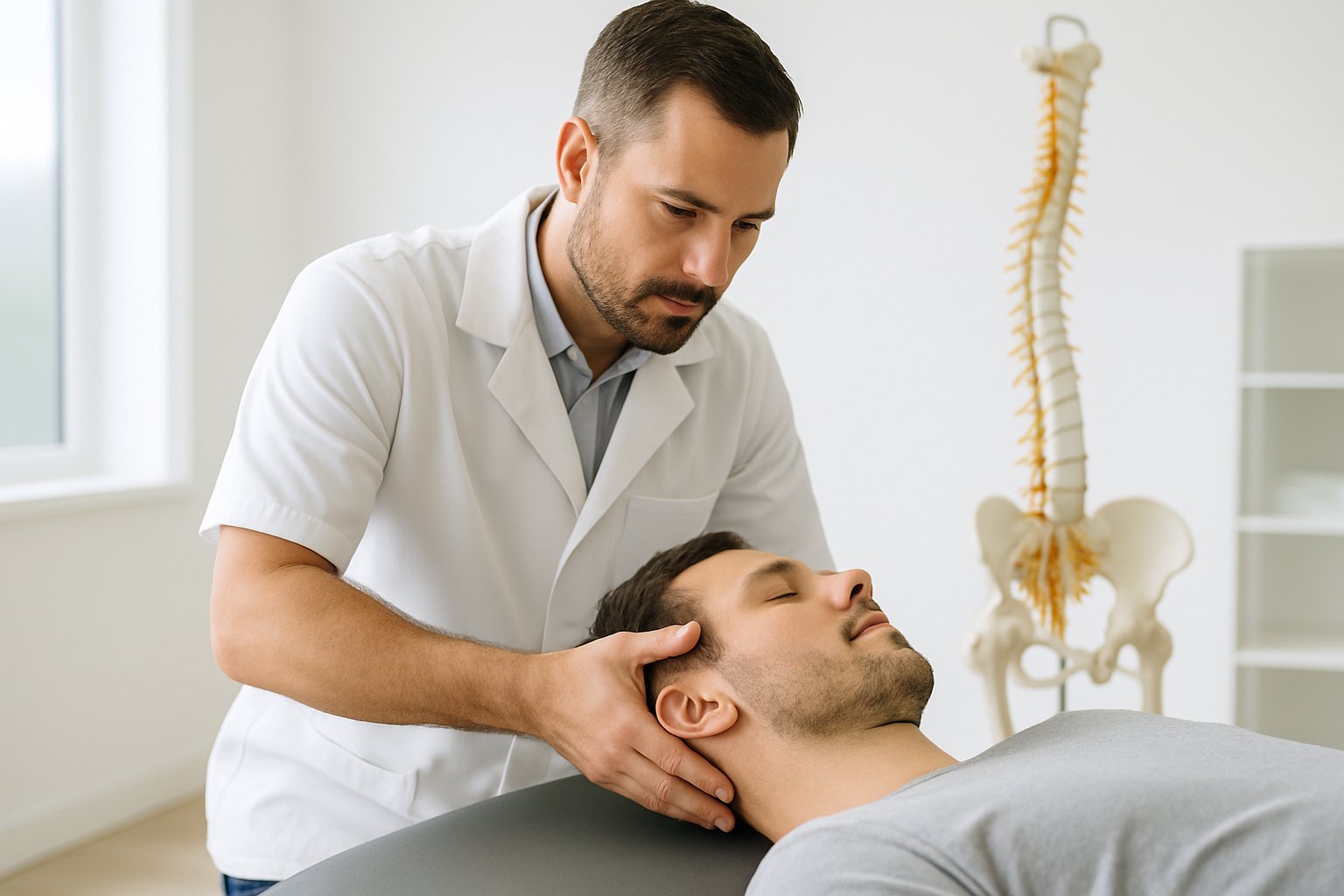 A chiropractor adjusting a patient's neck on a treatment table with a spine and nervous system model in the background.