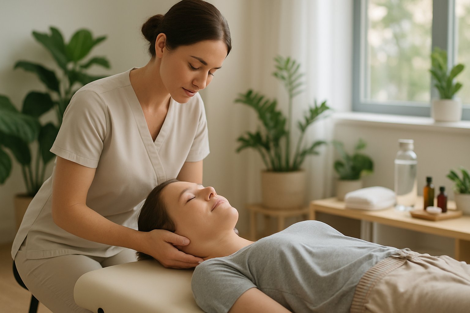 A chiropractor gently adjusting a patient lying on a treatment table in a bright, calming clinic room with plants and wellness items nearby.