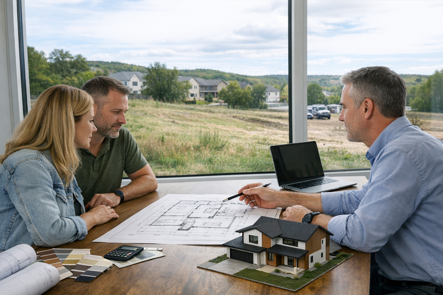 Couple reviews house plans with a builder beside a model home
