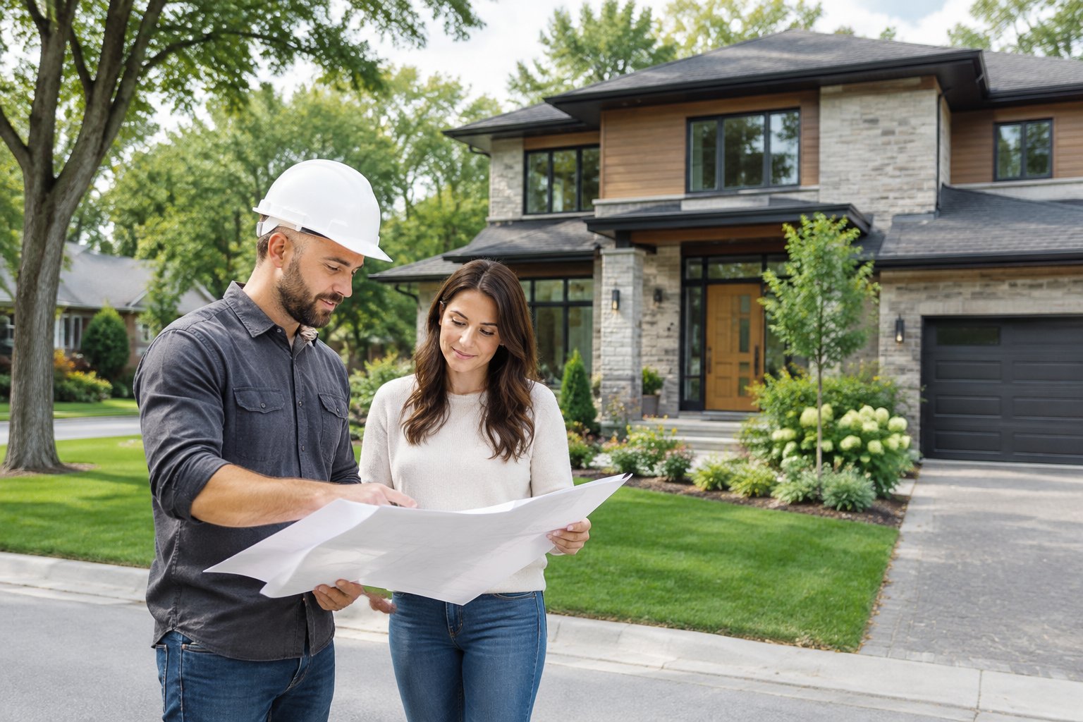 Homeowners review building plans outside a modern home