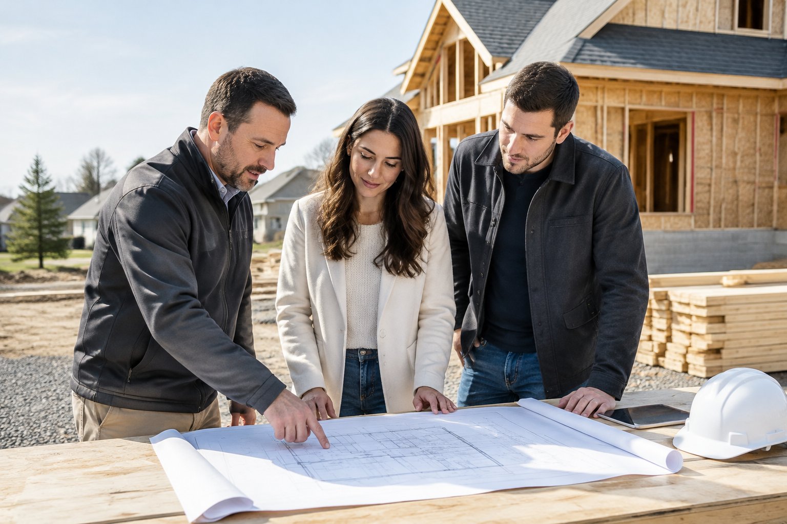 A couple reviews home plans with a builder at a residential construction site.