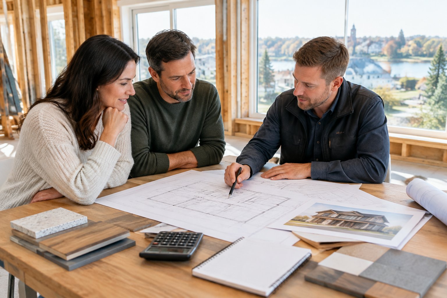 A homeowner and construction professional review house plans at a table in a partially built home.