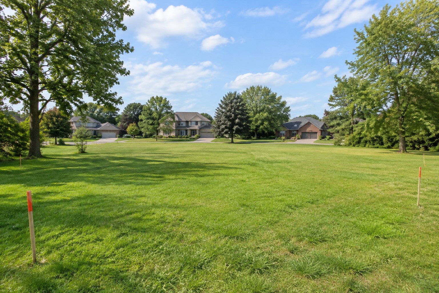 A vacant grassy lot bordered by trees in a residential neighborhood.