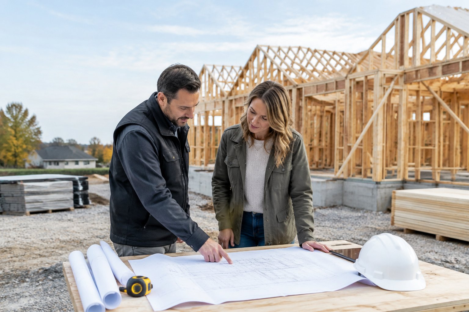 A homebuilder and homeowner review blueprints at a partially constructed house.