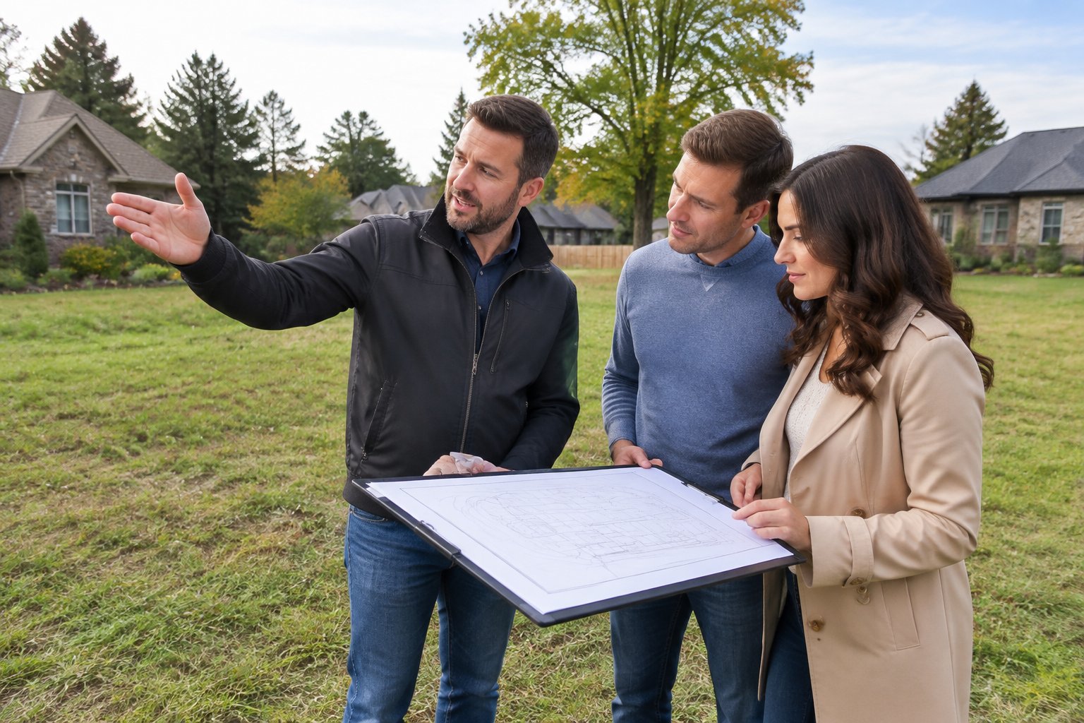 A builder reviews a home site plan with a couple on a vacant residential lot.