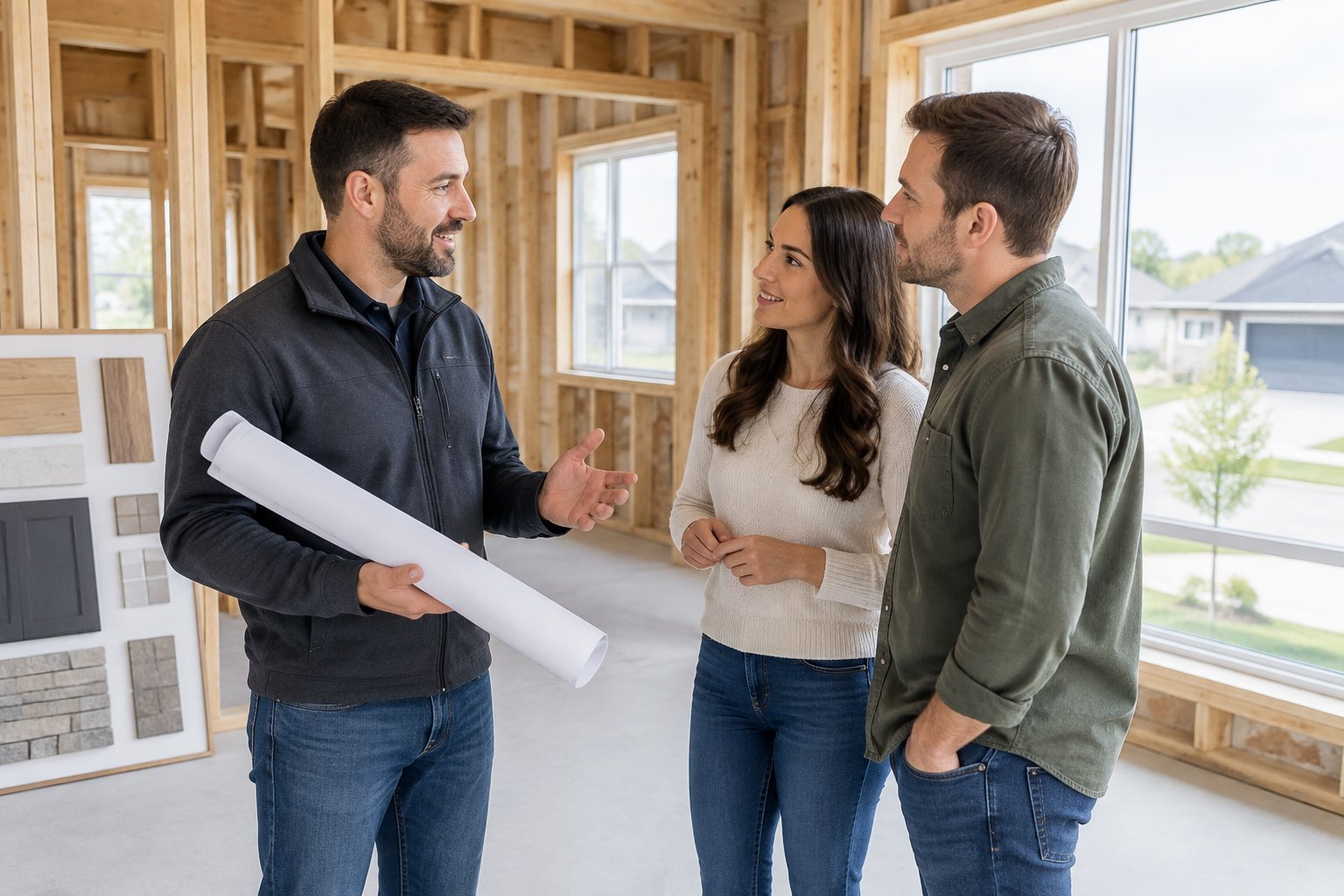 A custom home builder discusses plans with a custom home builder discusses plans with a couple inside a home under construction.